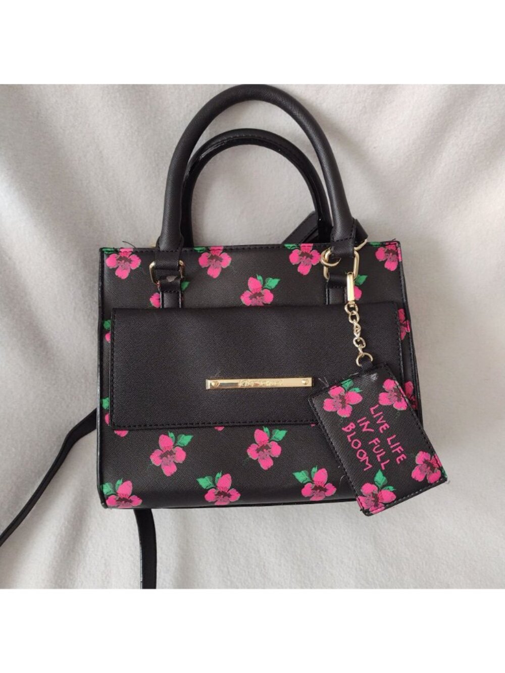 Betsey Johnson Floral Black & Pink Handbag Medium Size Boxy Pruse - Picture 11 of 11